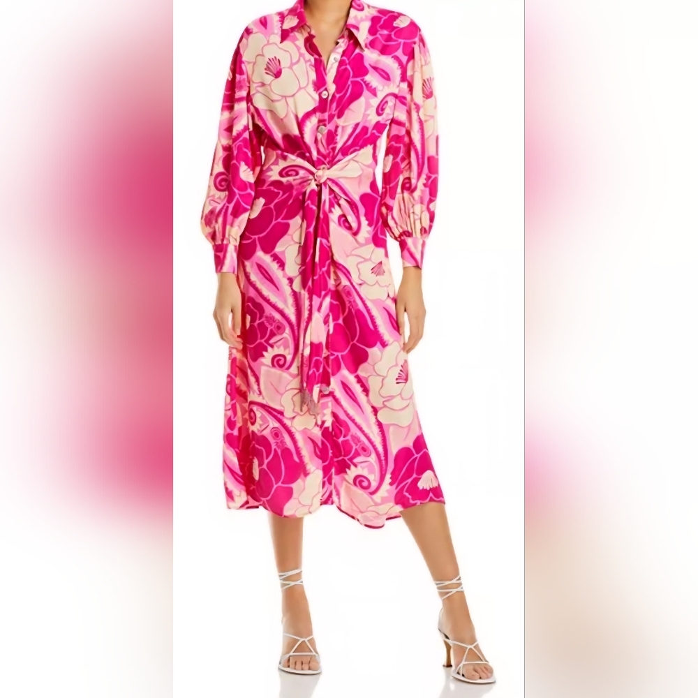 Farm Rio Tropical Groove Floral Button Tie Waist Midi Dress Pink And White Nwt S